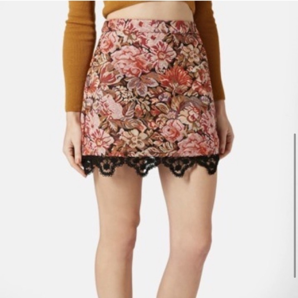 Topshop Tapestry Floral Rose Jacquard Crochet Mini Skirt Carpet Lace Pink 6 - Picture 5 of 7